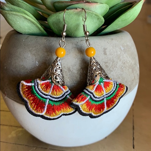 BOGO Antique Silver Embroidered Earrings Yellow - Picture 3 of 8